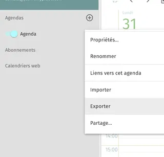 Une capture d'écran de Sogo qui montre comment sélectionner puis exporter un agenda