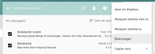 Une capture d'écran de Sogo qui montre comment sélectionner puis exporter tous les emails