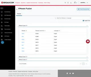 La liste des versions de VMWare Fusion
